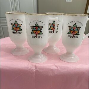 VTG 1960’S CANADA COMMEMORATIVE CENTENNIAL MILK GLASS MUGS SET OF 4 COLLECTABLE